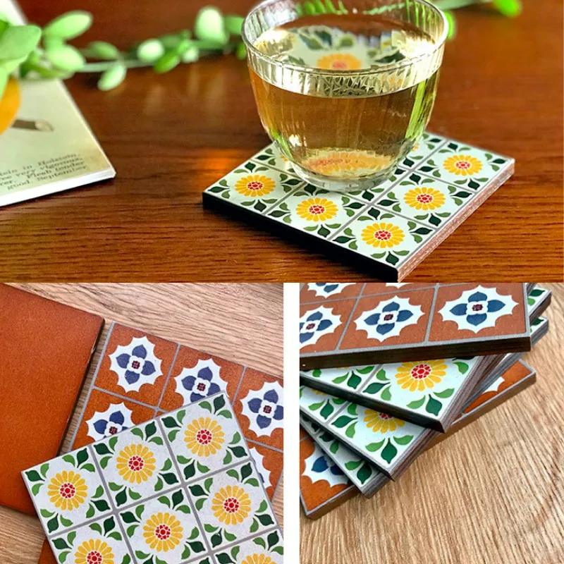 

DUNXDECO Table Placemat Coasters Moroccan Floret brick Wood Pad tea Coffee Cup Holder Mesa Vintage Simple Art Decorating 2PCS