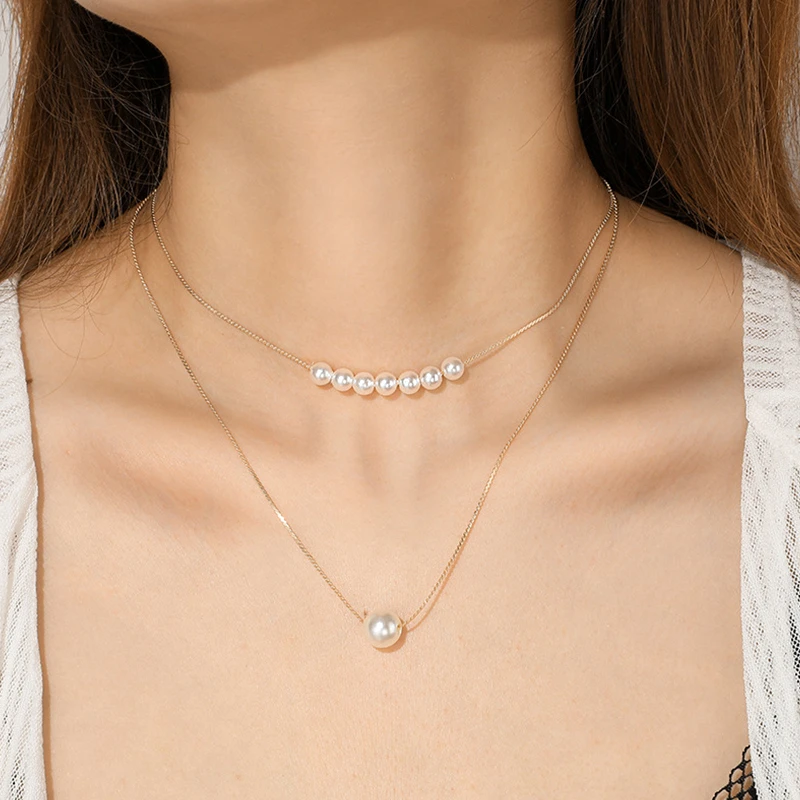 

Elegant Double-deck Pearl Pendant Necklace For Women Charming Wedding Clavicle Chain Accessories Fashion Lady Party Jewelry Gift