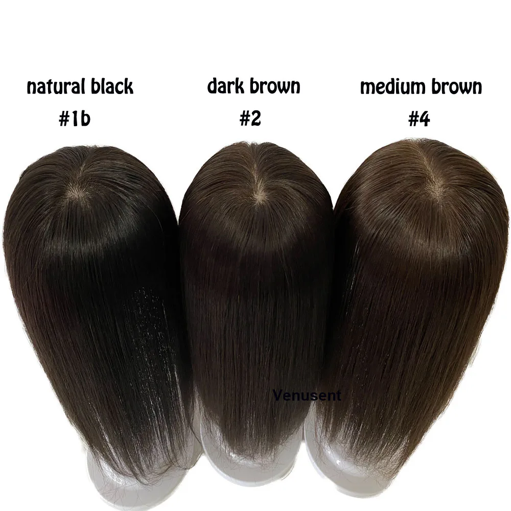 Brown Human Hair Topper with Side Bangs for Women Overlays Skin Base Toupee 5X5inch Scalp Top 4D Fringe Clip In Hairpieces images - 6