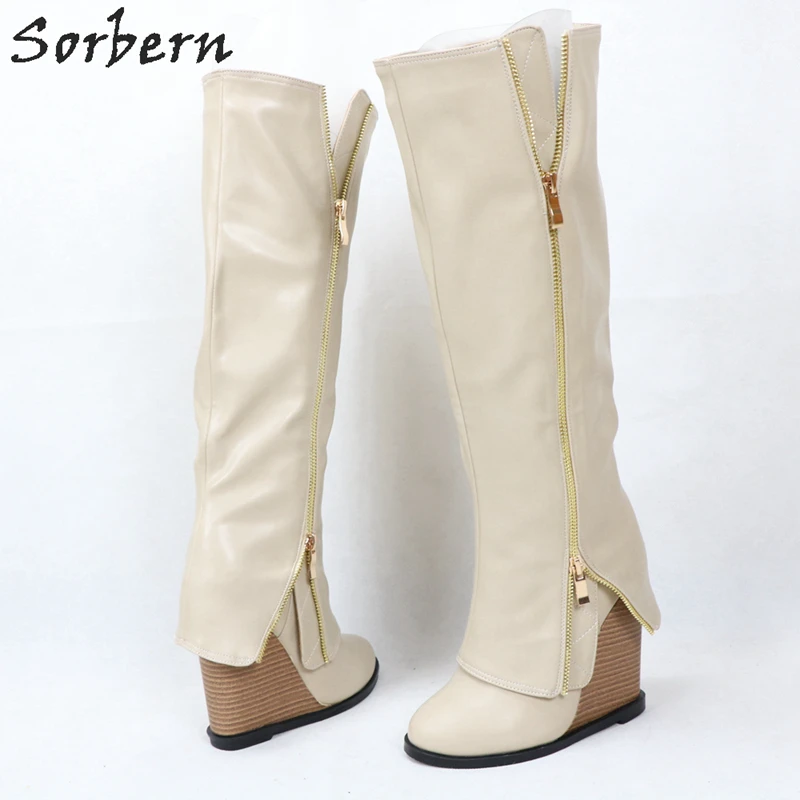 Sorbern/женские сапоги до колена цвета хаки на танкетке высоком каблуке молнии botas