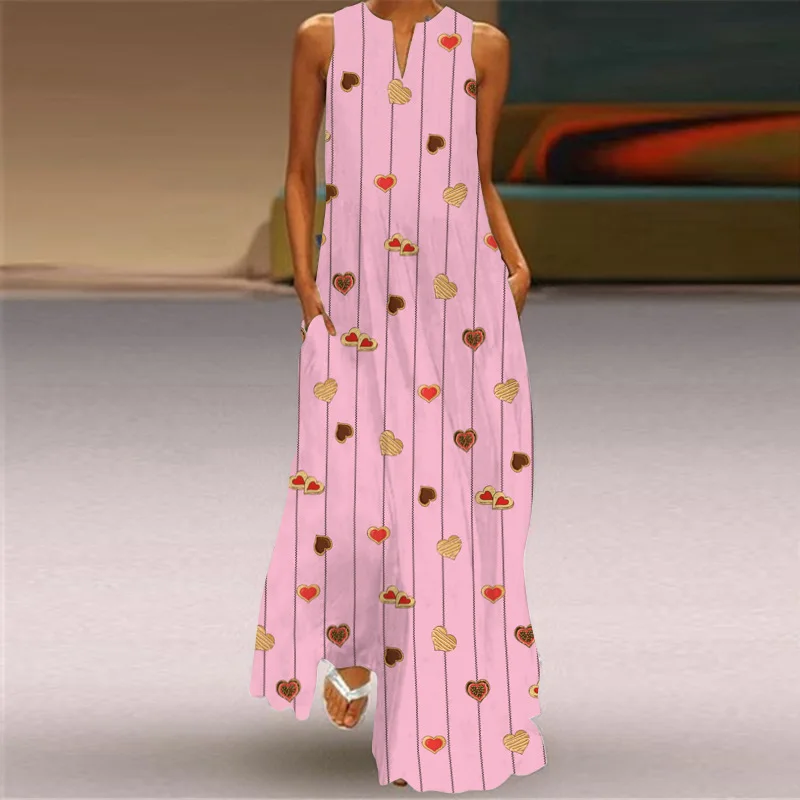

Summer 2021 Long Woman Comfortable Skirt Ladies Printing Flower Butterfly Cartoon Dress Pullover V-Neck Sleeveless Cool Skirts