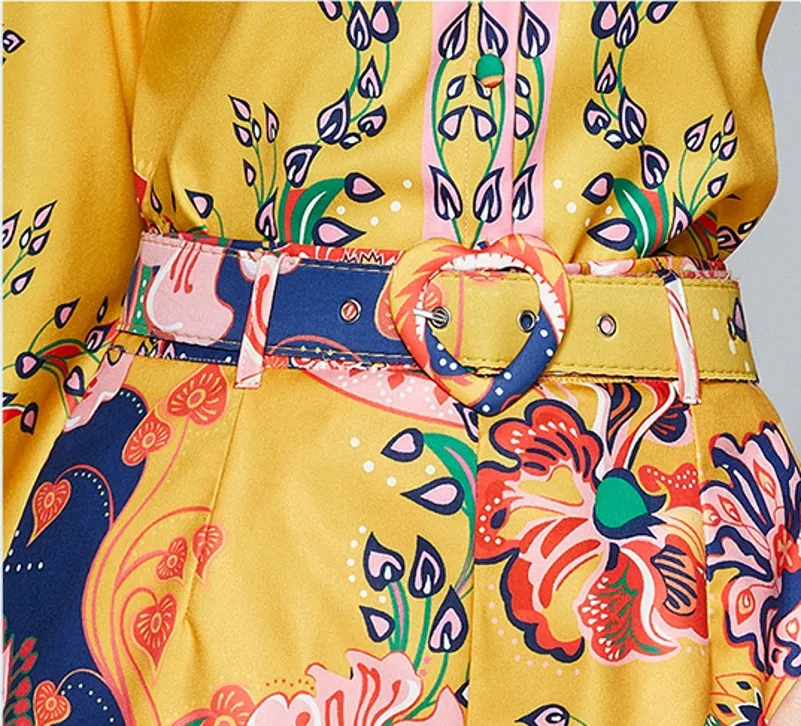 

autumn Fashion Women Shorts 2 Piece Sets Flower Printed Long Sleeve Shirts Blouses + Belted Pocket shorts Sets