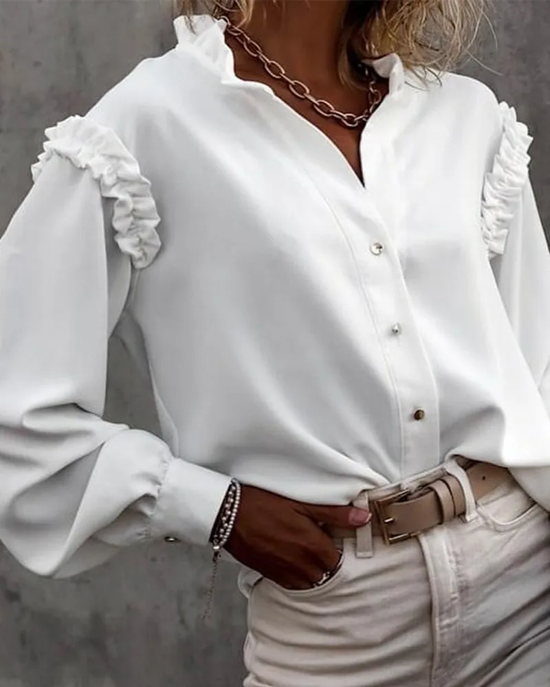 Women's 2021 New Autumn Winter Wood Ear Stitching Lantern Sleeve Tops Frill Trim Button Up Top | Женская одежда