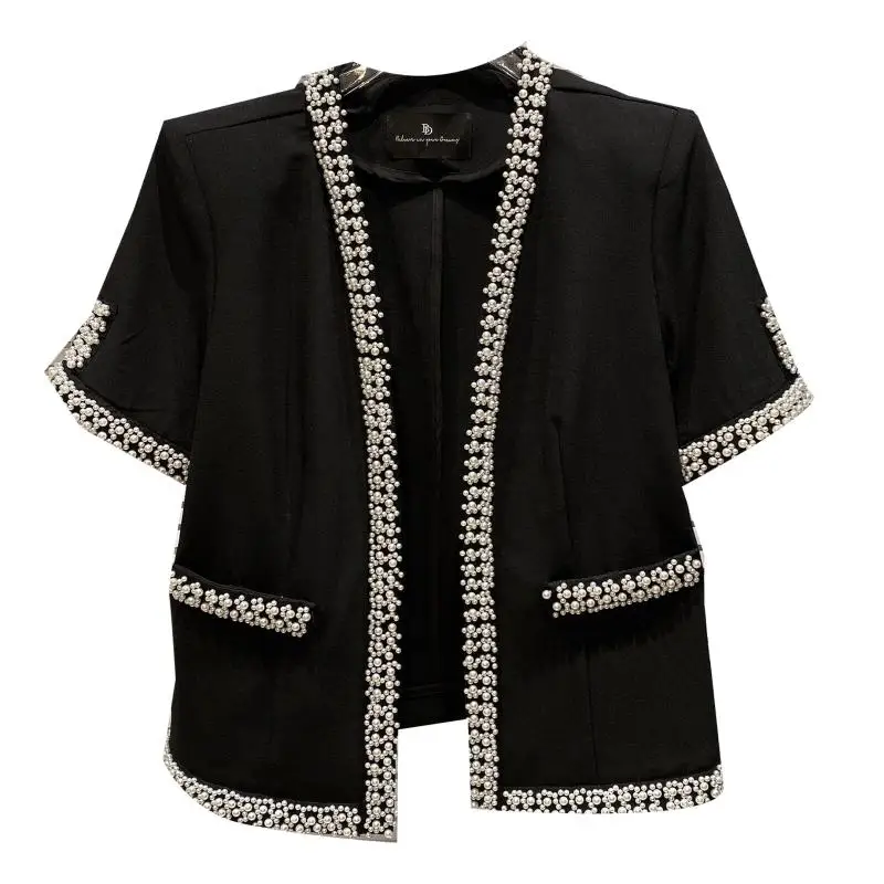 

2021 Summer New Pearl Edge Beaded Elegant V-neck Short Sleeve Suit Suit for Women