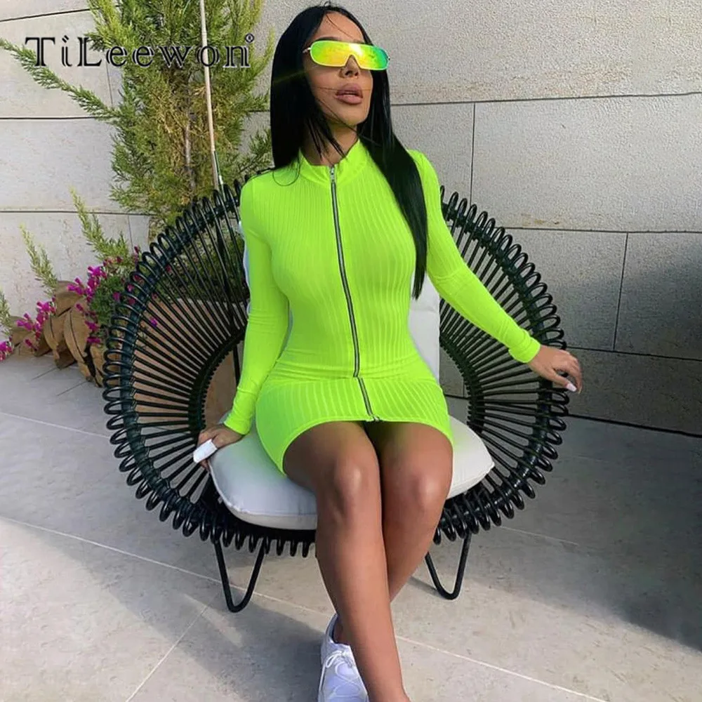 Tileewon Женская одежда с длинным рукавом осенне-зимнее платье на молнии высоким