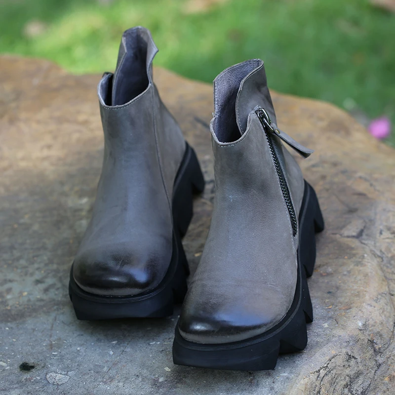 

VALLU 2019 autumn and winter new style leather wedge leather boots women thick bottom casual round head leather boots