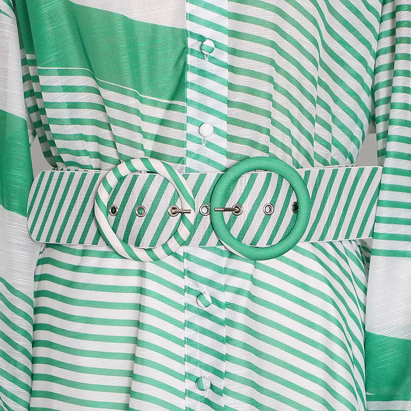 

Holiday Beach Women Striped Print Floor-Length Dress Lady Turn-Down Collar Lantern Sleeve Sashes High Split Loose Fresh Dresses