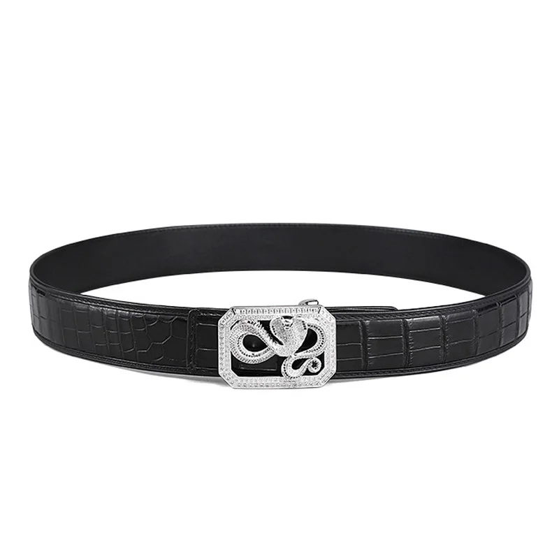 McParko Crocodile Belt Mens Leather Belts With Buckle Luxury Animal Design Genuine Leather Waist Belt with rhinestones Buckle