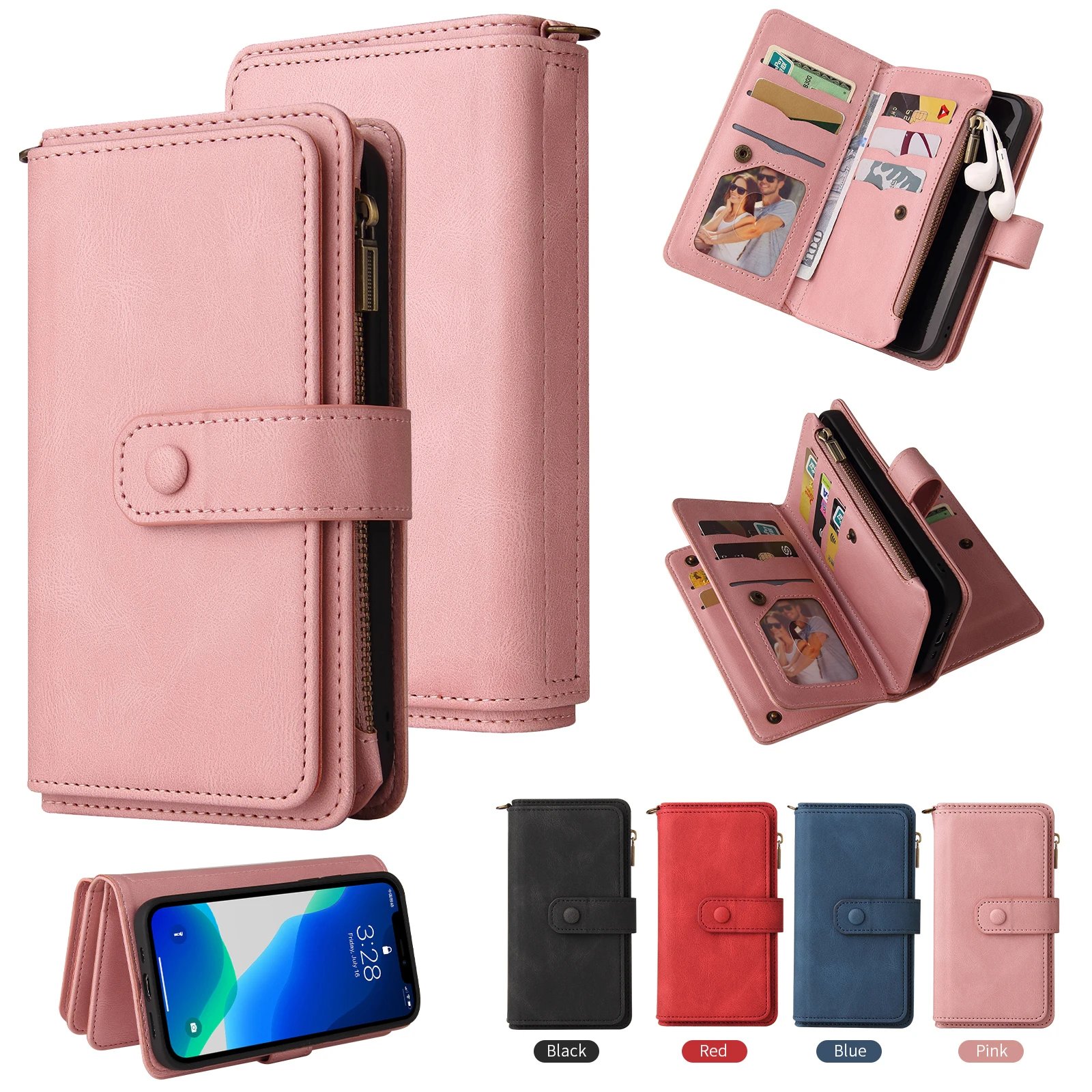 

For iPhone 6 7 8 XR 11 12 13 Pro Max New 15 Card Zipped Multifunction Wrist Strap Wallet PU Leather Case Stand Cover Skin Shell