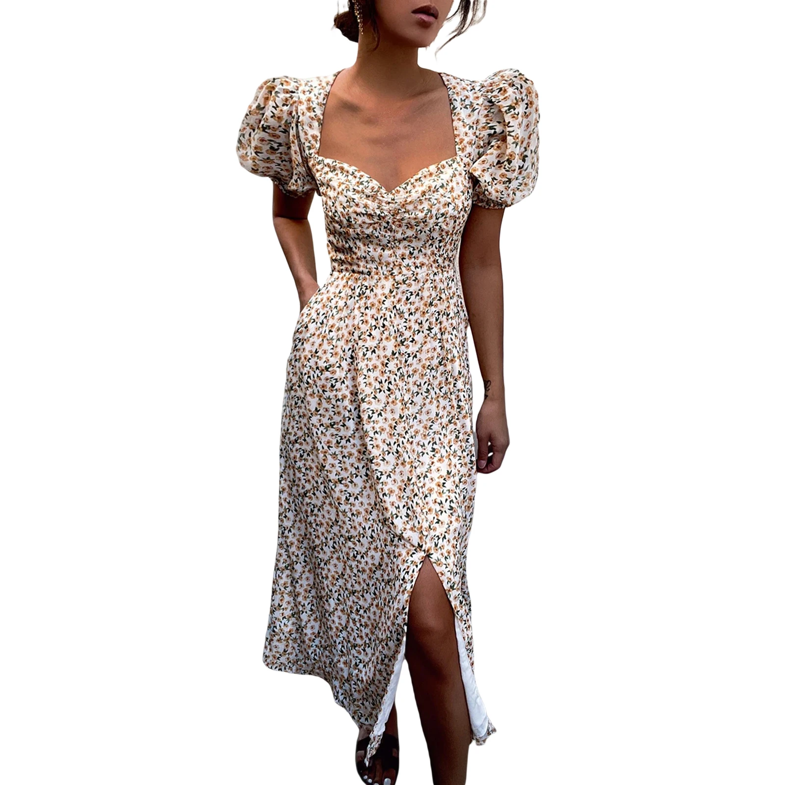 

Floral Split Sexy Midi Spring Summer Clothes Dress For Women'S Vetement Femme 2021 Sukienka Sundress Vintage Casual Dress Female