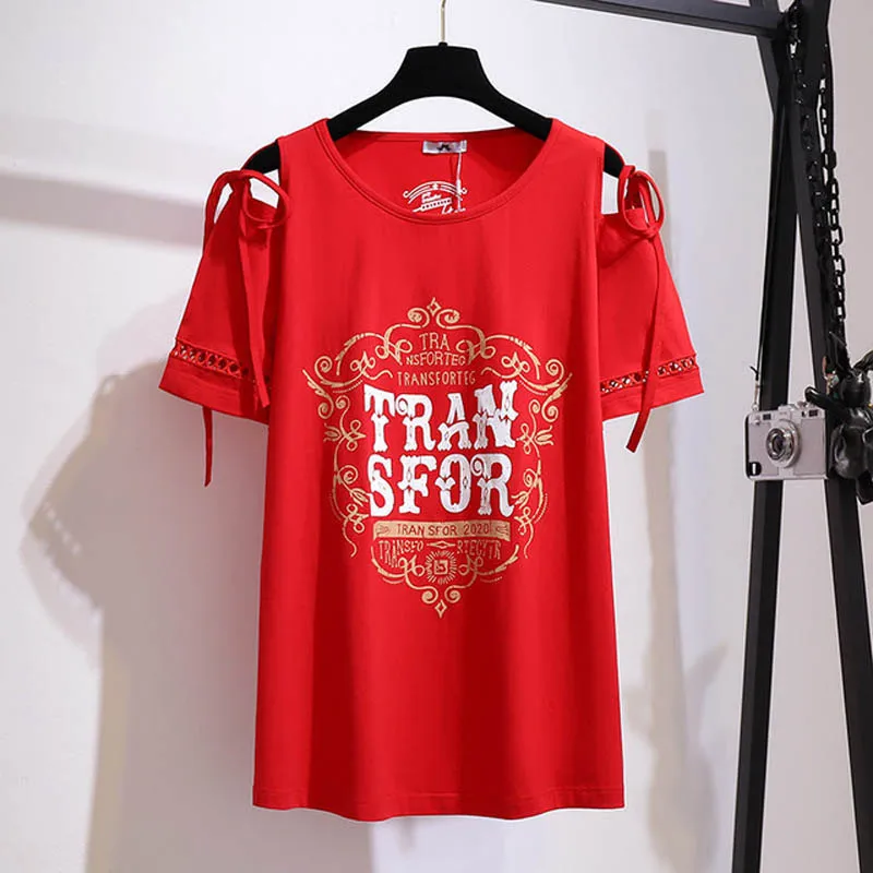 Женская футболка с открытыми плечами круглым вырезом и коротким рукавом