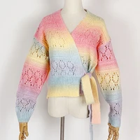 fall winter sweater female korean gentle wind jacket rainbow tie dye cardigan women striped knit belt oversized hollow out coat