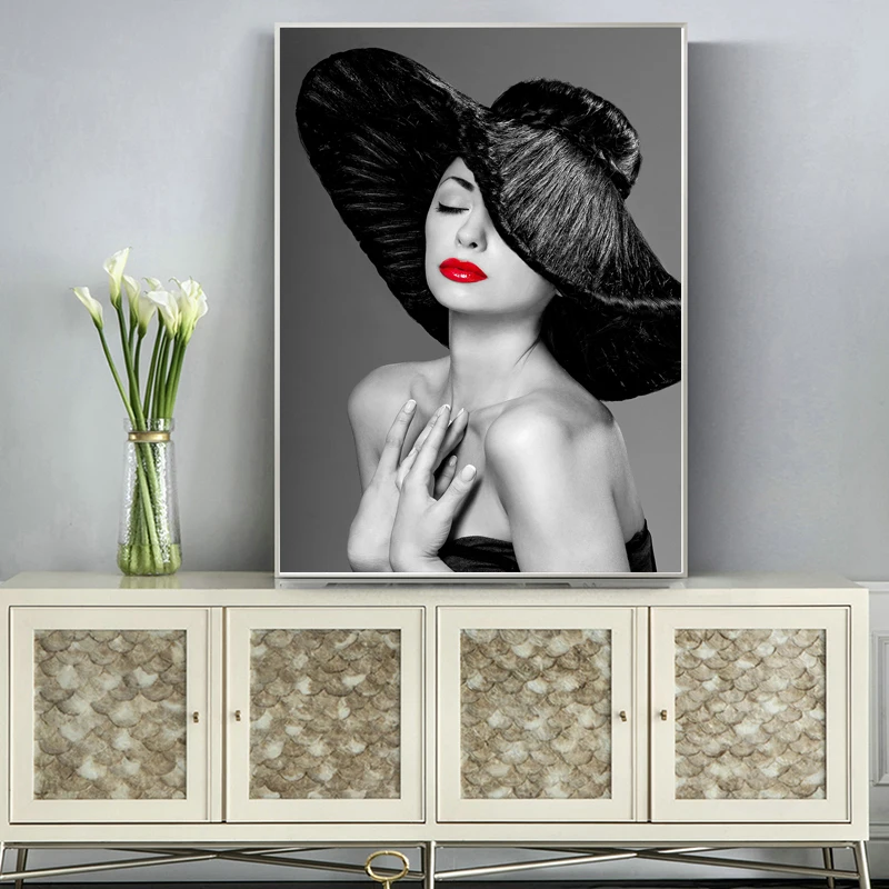 

Nordic Art Sexy Woman with Black Lace Hat Canvas Art Posters and Prints Girls Canvas Paintings on The Wall Art Pictures Cuadros