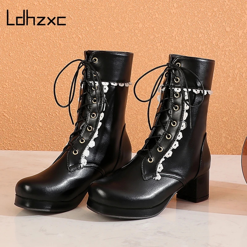 

LDHZXC Cross-tied Cheap Boots Shoes Woman Platform Spring 2020 New High Heel Ankle Boots for Women Comfortable Drop Shipping