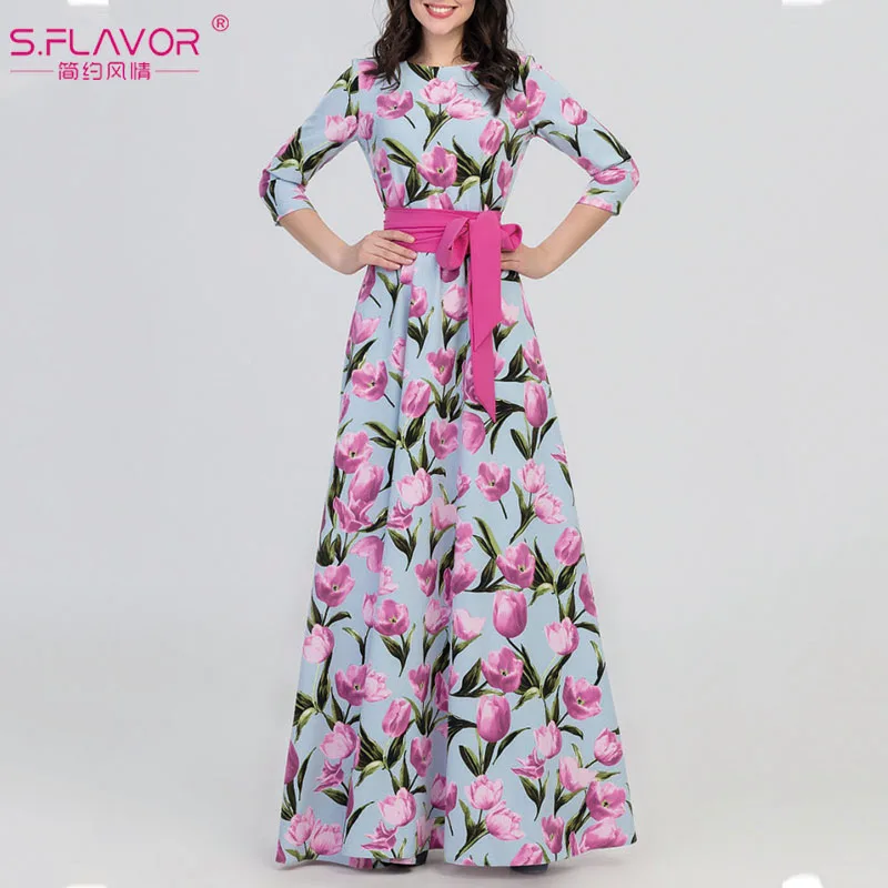 S. FLAVOR весеннее Модное Длинное платье для женщин Элегантные Вечерние Платья с цветочным принтом женские повседневные платья с круглым вырезом