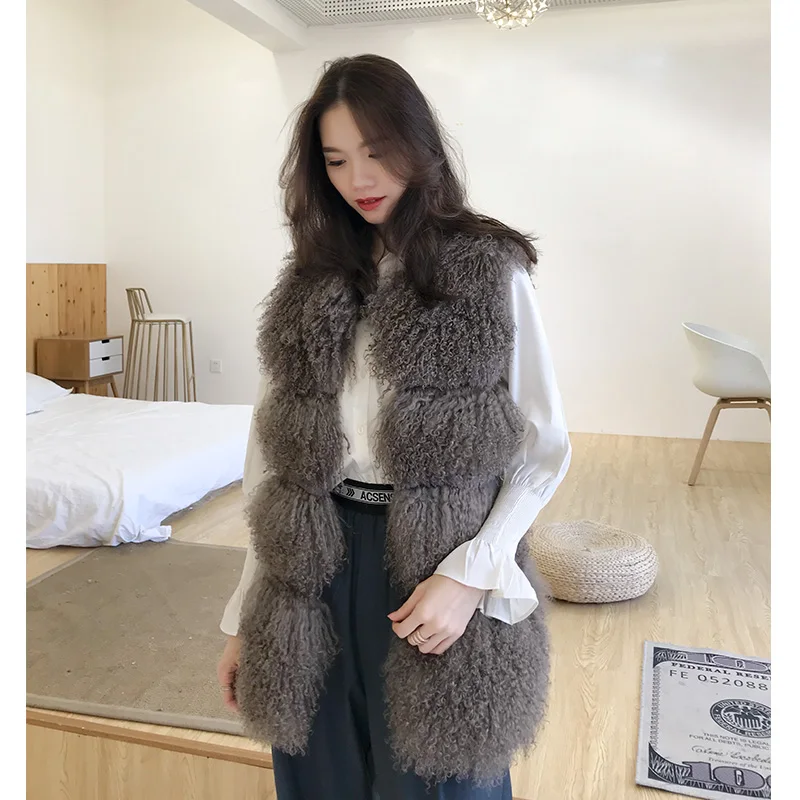 Женский жилет из натурального монгольского овечьего меха на весну осень и зиму