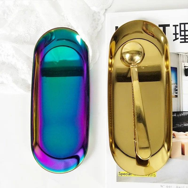 

Creative home decoration Key tray Golden Jewelry tray metal snack oval shape storage plate Ins nordic style desktop storage tray