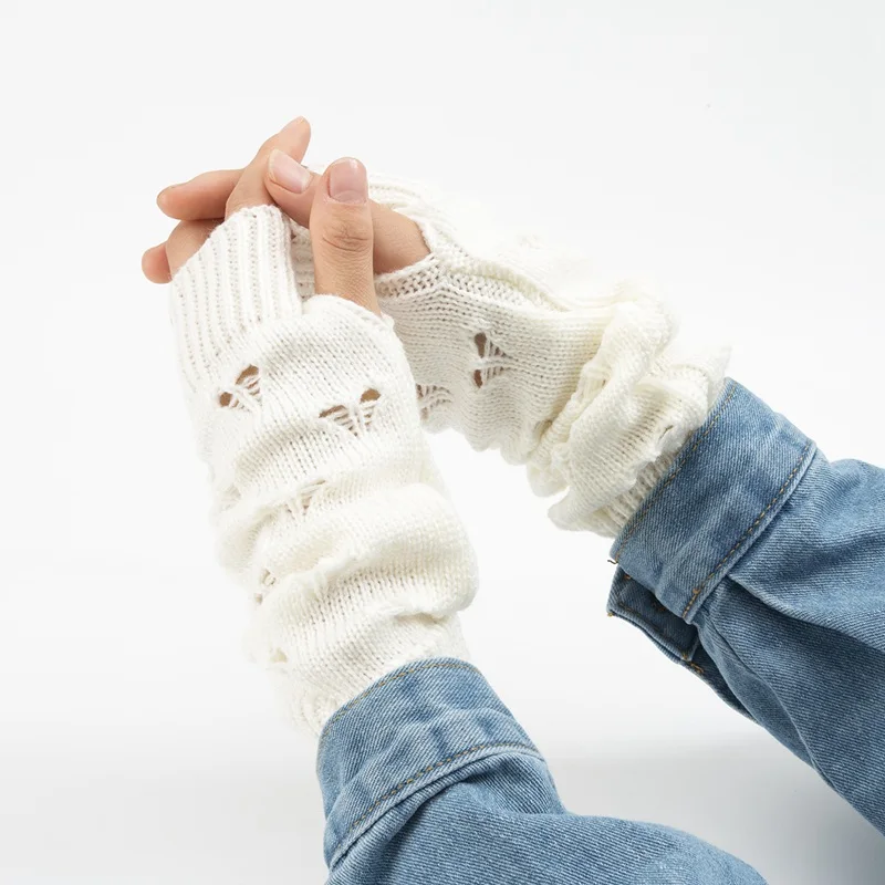 New Warmer Winter Women Gloves Stylish Hand Gloves Girl Arm Crochet Knitting Hollow Heart Mitten Warm Fingerless Gloves images - 6