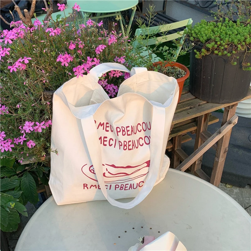 

Women Canvas Shopping Bag Large Capacity White Cotton Fabric Shoulder Bag Ladies Handbag Casual Tote Foldable Bags For Groceries