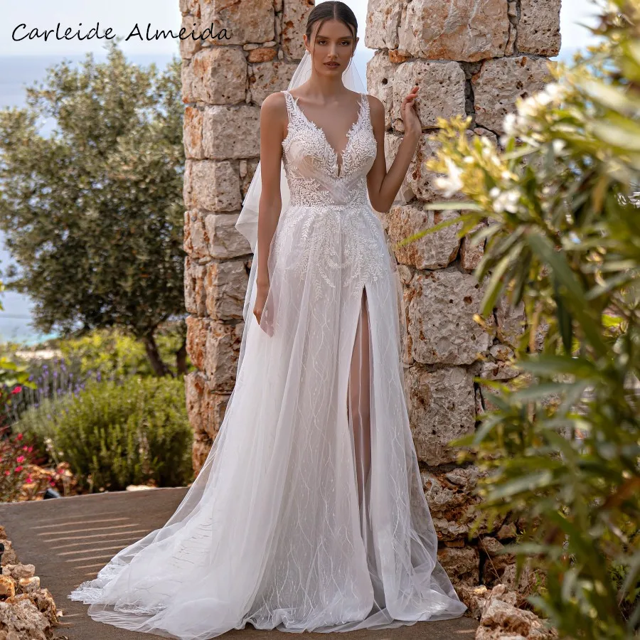 

A-Line V-Neck Lace Boho Wedding Dresses Illusion Bodice with Appliques High Split Sexy Beach Wedding Gowns 2022 Bride Dress