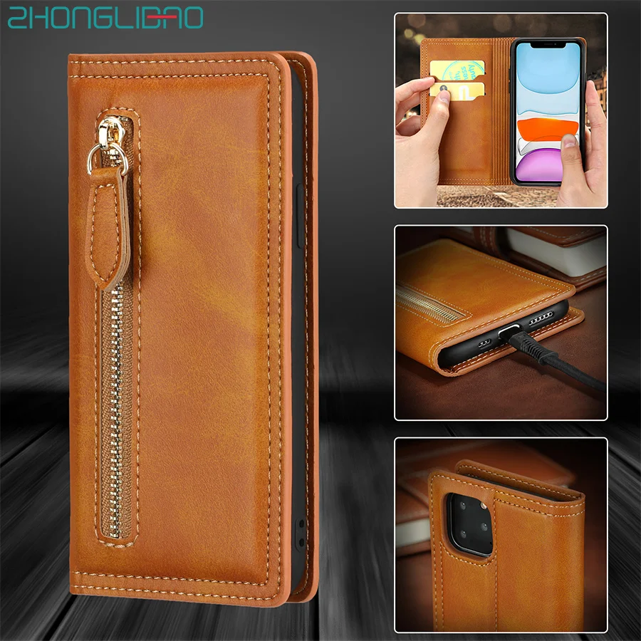 Роскошный кожаный чехол книжка с кошельком на молнии для IPhone 11 Pro Xs Max X XR 7 8 6 6s Plus