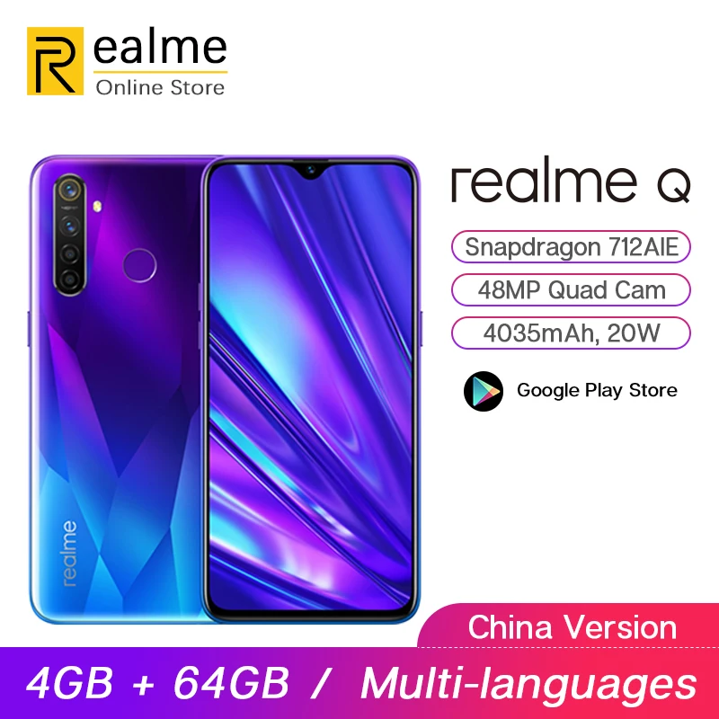 Оригинал realme Q 4 Гб 64 6 3 дюйма Мобильный телефон Snapdragon 712AIE Восьмиядерный 48MP Quad Camera