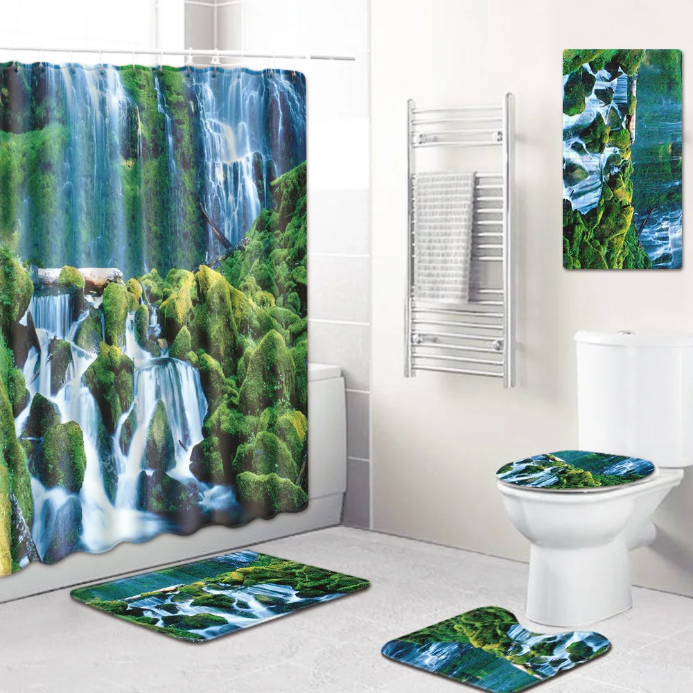 

Waterfall Shower Curtain Bathroom Mat Toilet Cover Mat Non-Slip Household Mat Kitchen Pad Five-Piece Carpet Bath Mat