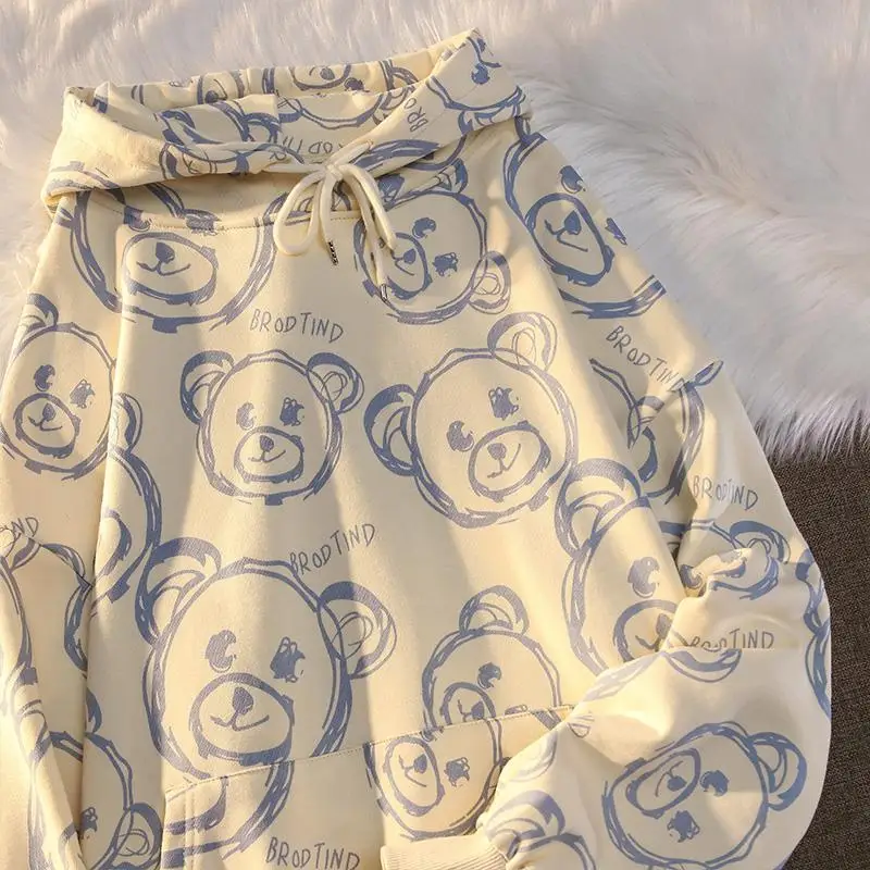 

Bear Sweatshirt Fall 2021 Full Print Design Yellow Oversize Soft Top Women Hoodie Streetwear Women Tops Long Sleeve
