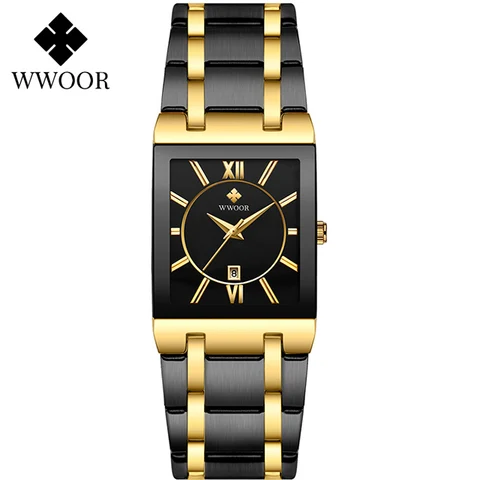 Женские кварцевые часы WWOOR, водонепроницаемые, квадратной формы, из нержавеющей стали, черного и золотого цвета