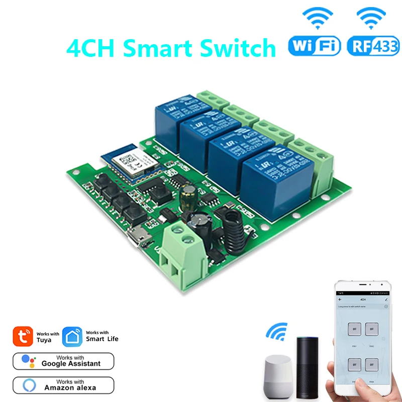 Tuya Smart Life 4CH Wifi светильник переключатель дюйма модуль 4 канала/Gang реле времени DC5V 12V