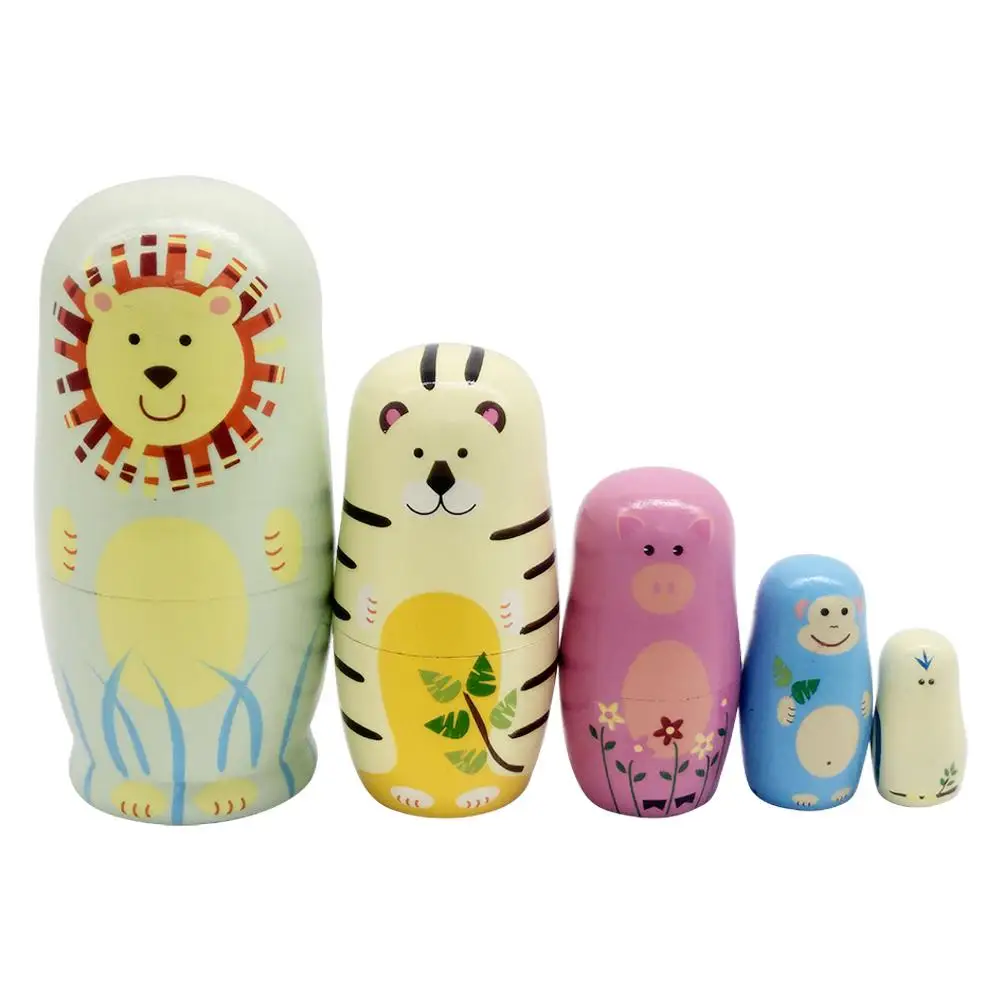 

5Pcs/Set Wood Animal Lion Pig Monkey Russian Nesting Dolls Matryoshka Kids Toy Gift Crafted Doll Home Decor Tabletop Ornaments