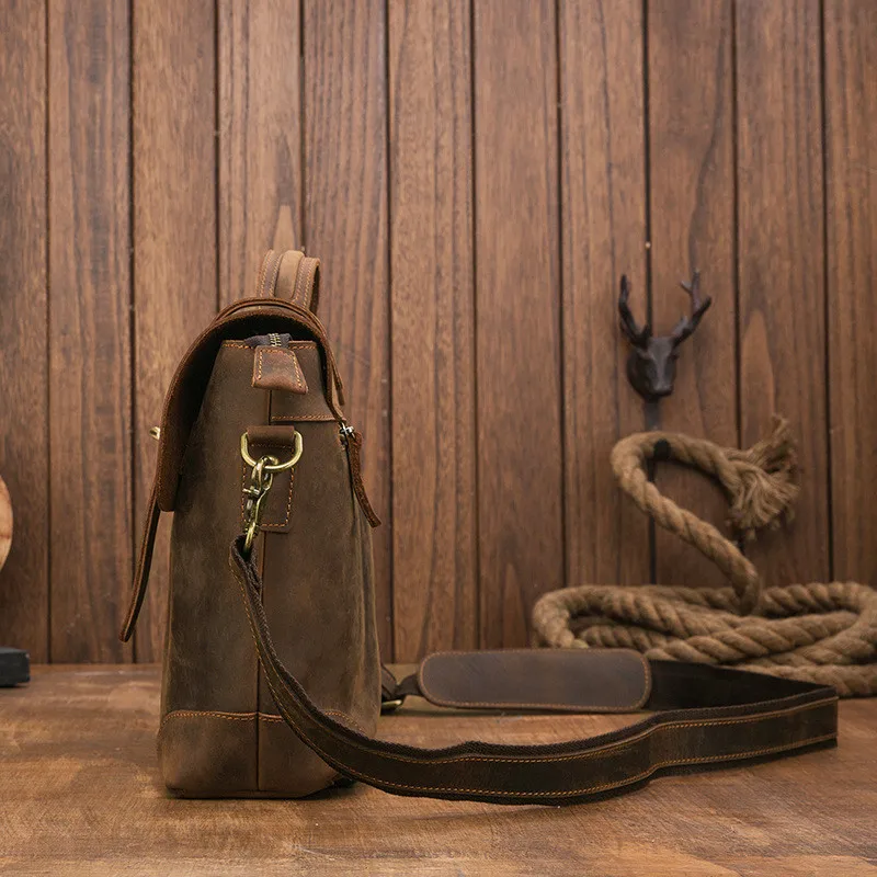 Retro simple designer natural crazy horse cowhide men's briefcase business luxury genuine leather work laptop messenger bag