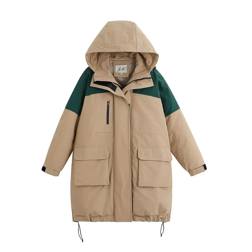

Women Long Winter Jacket Overalls Coat Color Patchwork Hooded Windproof Down Jacket Oversize Cotton padded Parkas Outwear