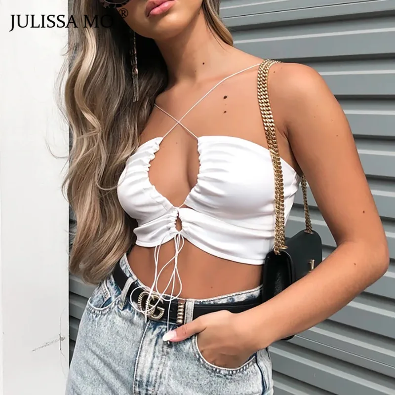 Женский атласный укороченный топ JULISSA MO на шнуровке белый однотонный с открытыми