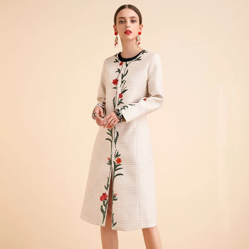 Beige AELESEEN Весенняя винтажная Цветочная ветровка Женская Роскошная расшитая блестками Цветочная Закрытая Кнопка элегантное бежевое и серое х-длинное пальто - Цвет: Beige