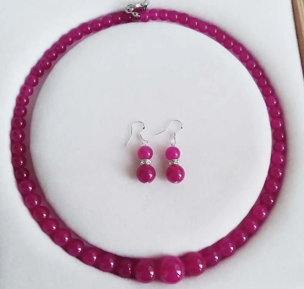 

new 6-14mm Genuine Rose Ruby Gemstones Round Necklace Earrings Set 18"