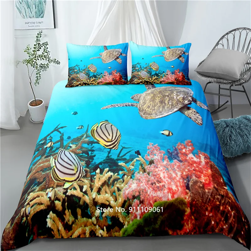 

3D Printed Sea Creature Turtle Blue Bedding Set Children Adult Deluxe Quilt Cover Comfortable Pillowcase Large Bedspread