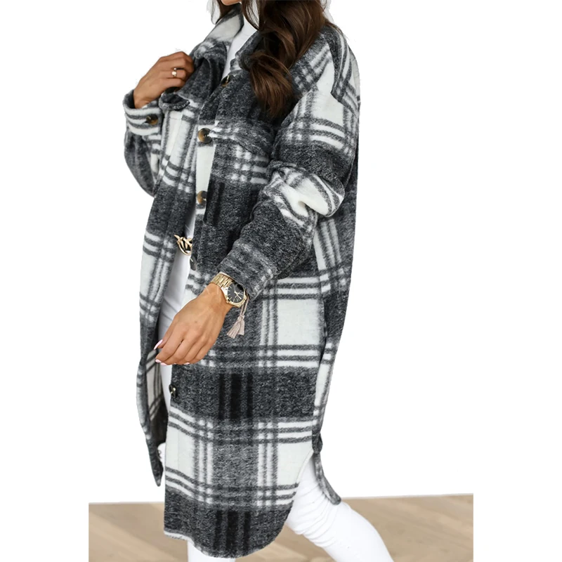 

Women Coats Wool Blend Jackets Female Plaid Thin Autumn Spring Outwears Loose Street Wear Women Clothing Vintage Long Coat LL248