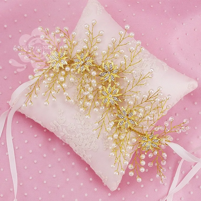 Головной убор невесты ручной работы жемчуг кристалл золотой головной для