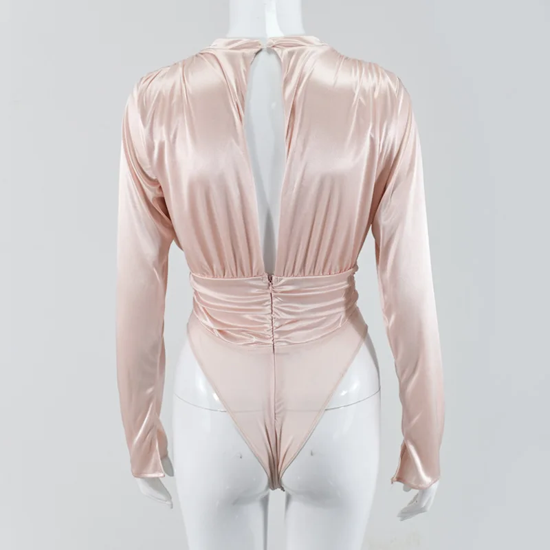 

KLEEZY 2021 New Clothing Fashion Long Sleeve Drape Satin Autumn Winter Bodysuits For Women