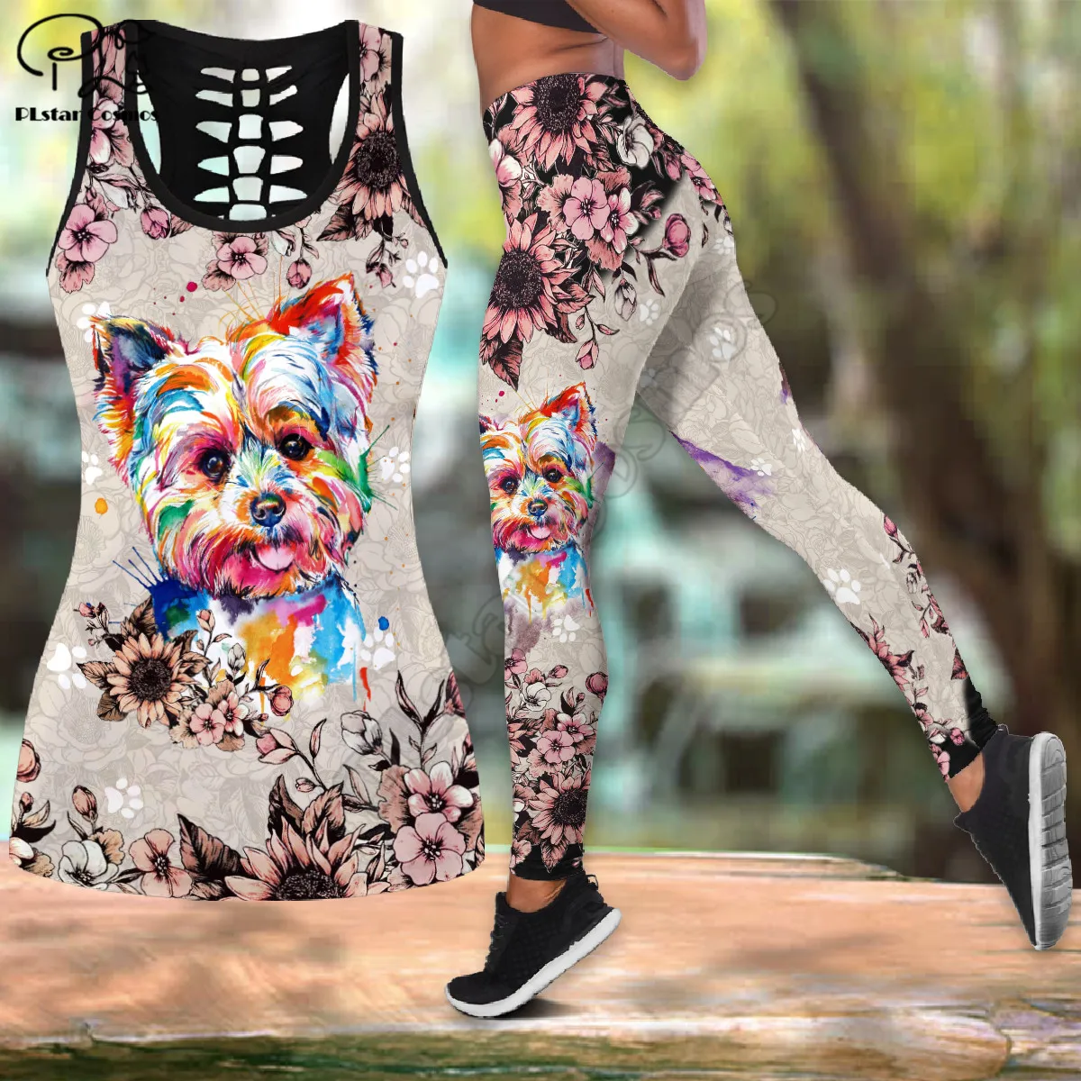

PLstar Cosmos Women's for girl Workout Pants dog 3D Printed Hollow Tanktop sexy Yoga Suit Fitness Soft Legging Drop shipping