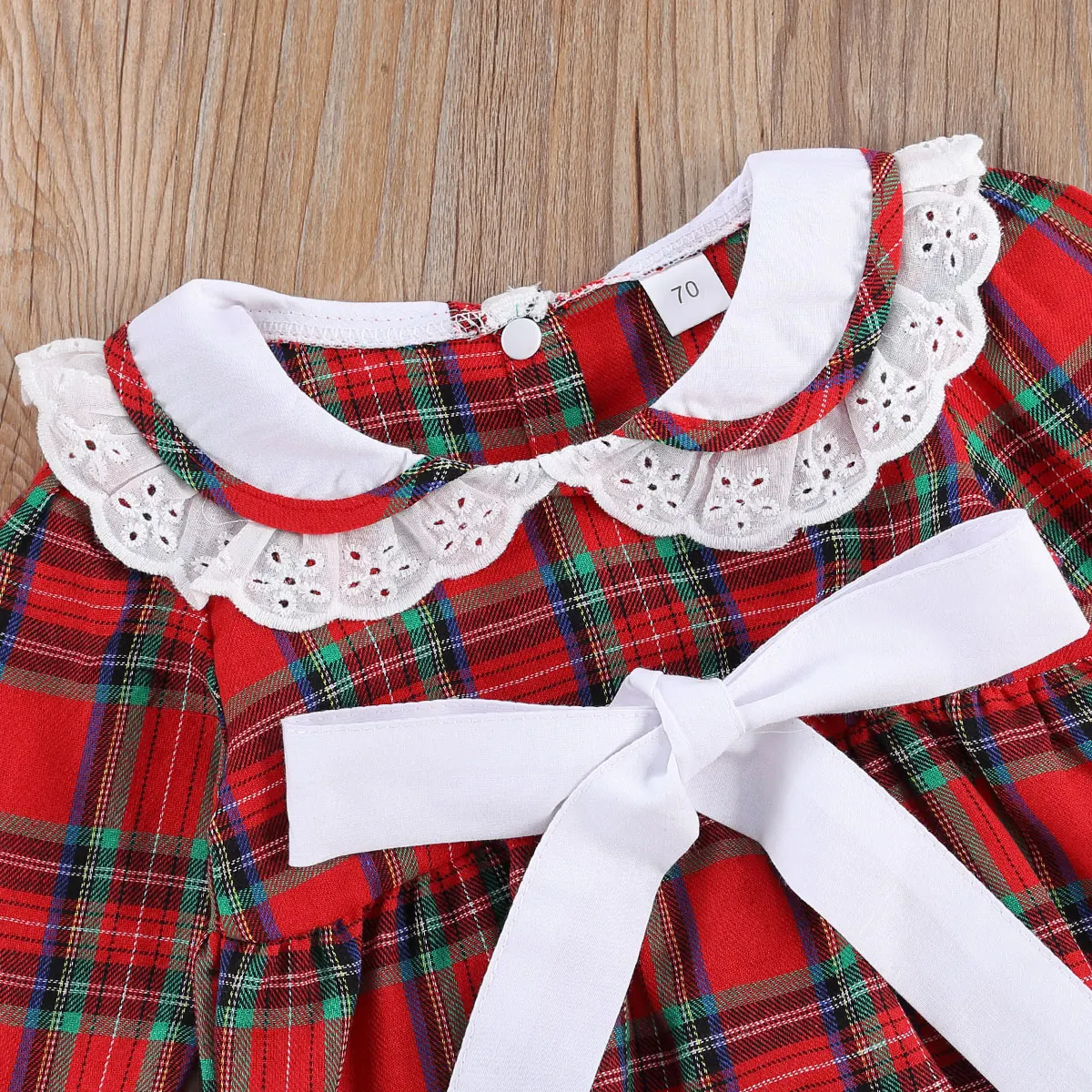 

0-18M Xmas Baby Girls Romper Plaid Print Ruffles Sleeve Lace Bow Peter Pan Collar Jumpsuits Christmas Clothes