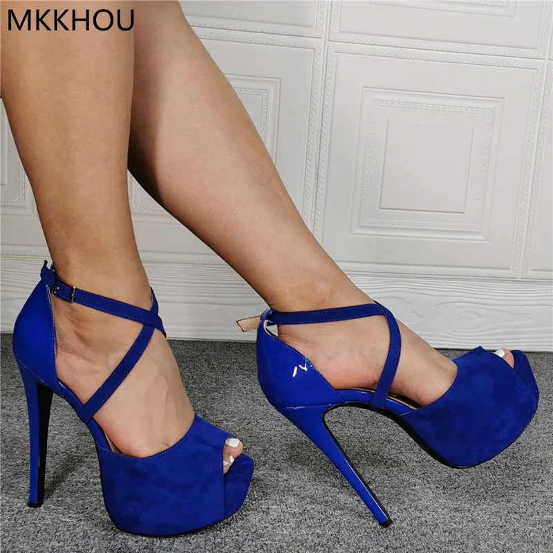 

MKKHOU Fashion Sandals Women New Sexy Fish Mouth Shoes Cross Buckle Blue Pumps Stiletto 15cm Super High Heel Platform Shoes
