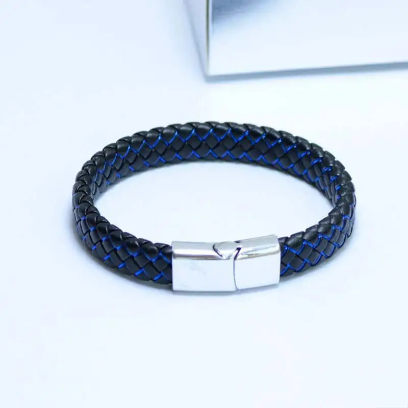 

New Men Jewelry Punk Black Blue Braided Leather Bracelet for Men Stainless Steel Magnetic Clasp Fashion Bangles Gifts