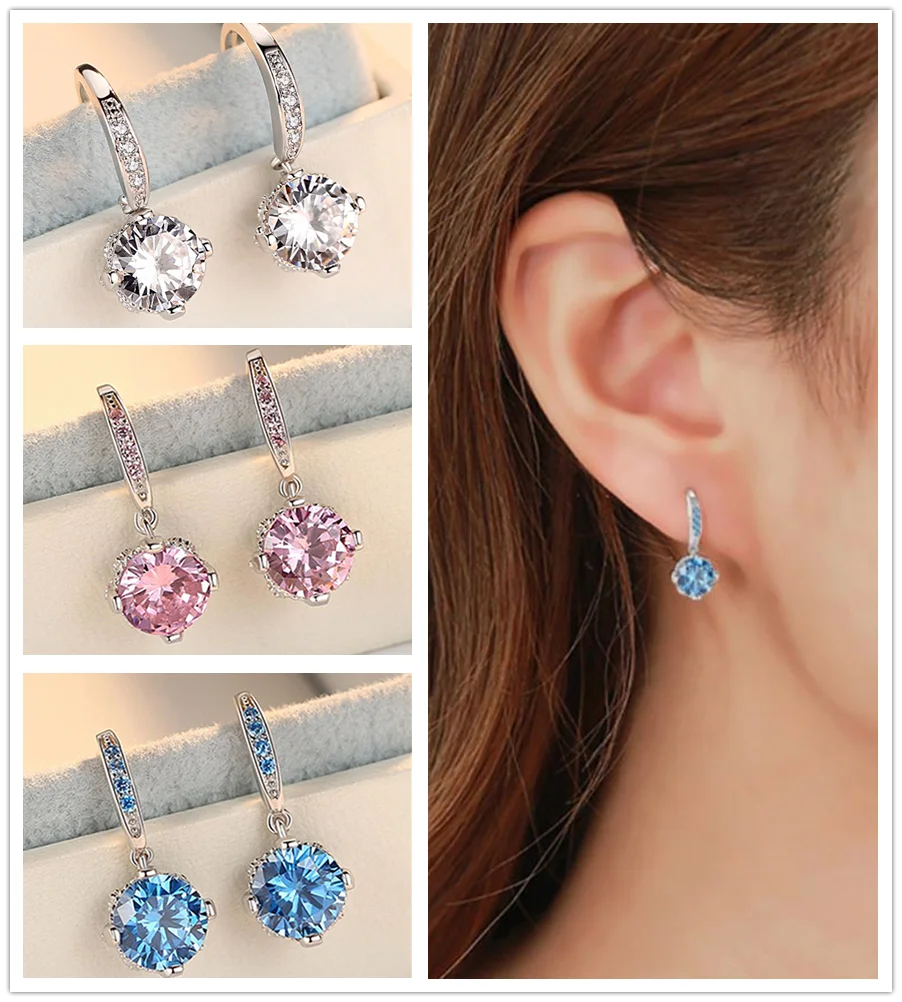 

Bright Crystal Round Drop Earrings Women Jewelry Luxury Stone Lady Accessories Silver Plated Female Bride Wedding Bijou Princess