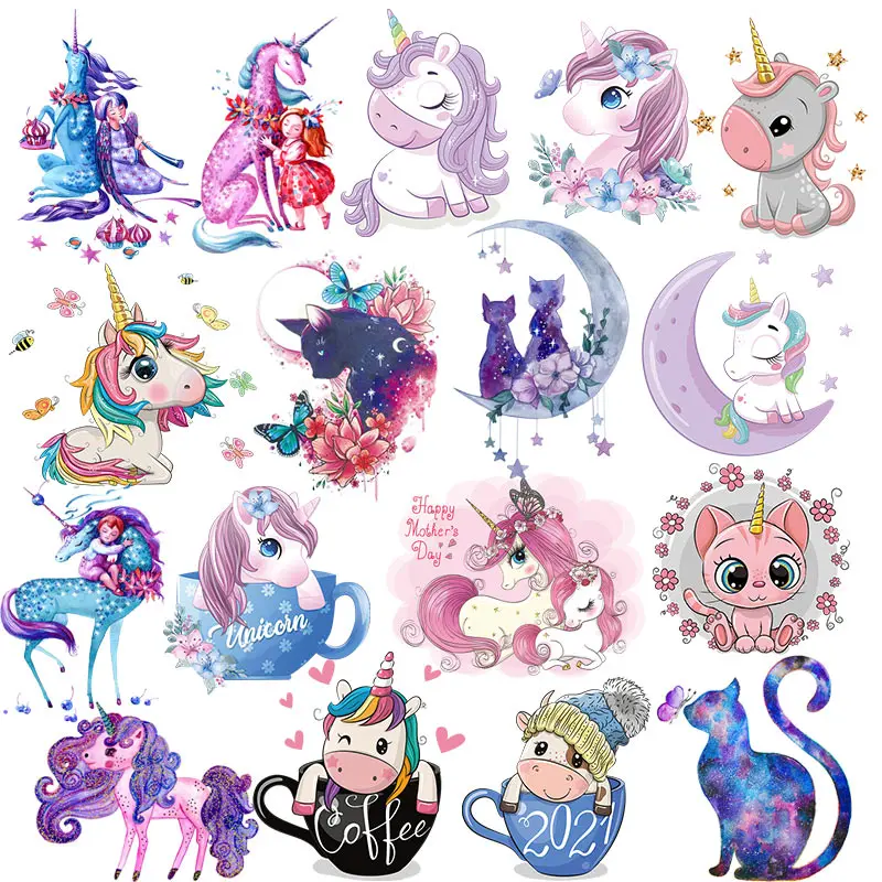 

Unicorn Cat Patch Iron-On Transfers For Clothing Cartoon Animal Thermo-sticker For Clothes Patches On Clothes Stickers Stripes