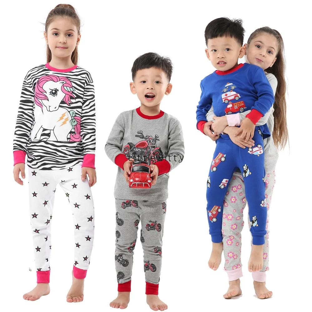 2 шт. (Топы + брюки) 100 хлопок пижамы для девочек с единорогом мотоциклетные