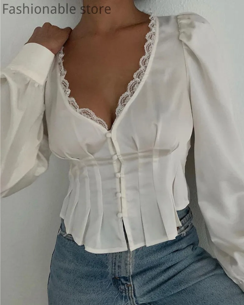 

Women Long Sleeve Blouse V Neck Lace Hem Ruched Button Front Top