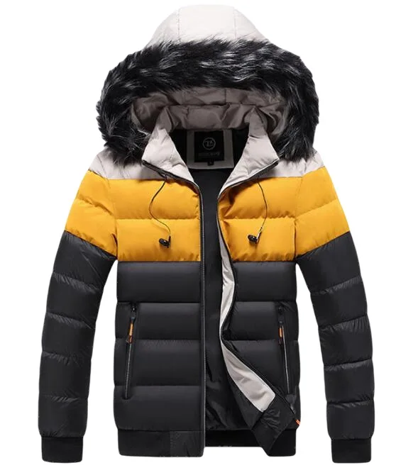 Fur Collar Coat Men's Winter Outdoor Warm Jacket Youth Hooded Jacket  Thick Warm Parka Splice Windproof Color Matching
