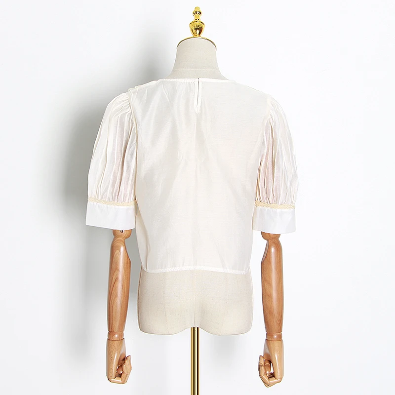 GALCAUR Korean Patchwork Ruffle Shirt For Woman Peter Pan Collar Puff Sleeve Oversize Loose Short Blouse Female Summer New 2020 | Женская